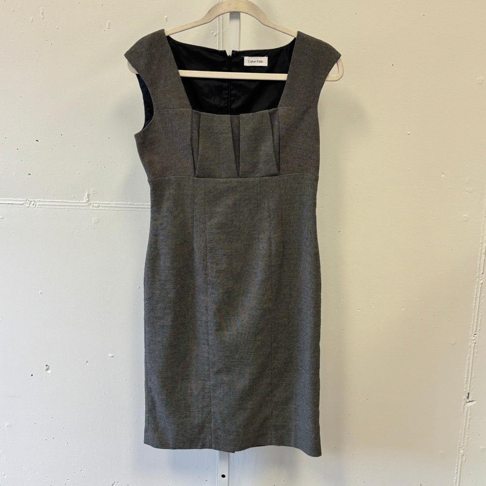 Calvin Klein Grey Pleated Square Neck Sheath Dress Sleeveless Career Wear Office